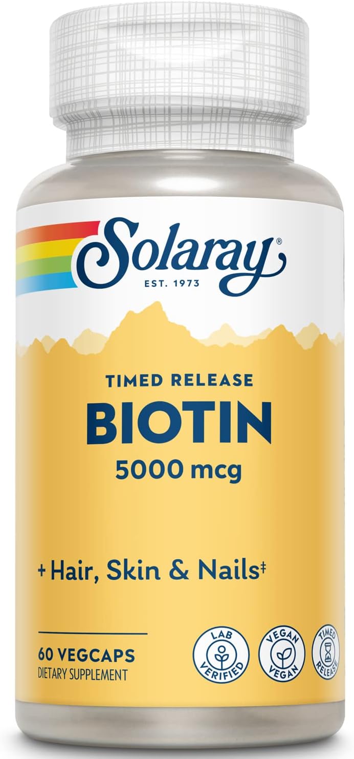 Solaray Timed-Release Biotin 5000 mcg – Hair, Skin & Nails Vegan Capsules - görsel 1