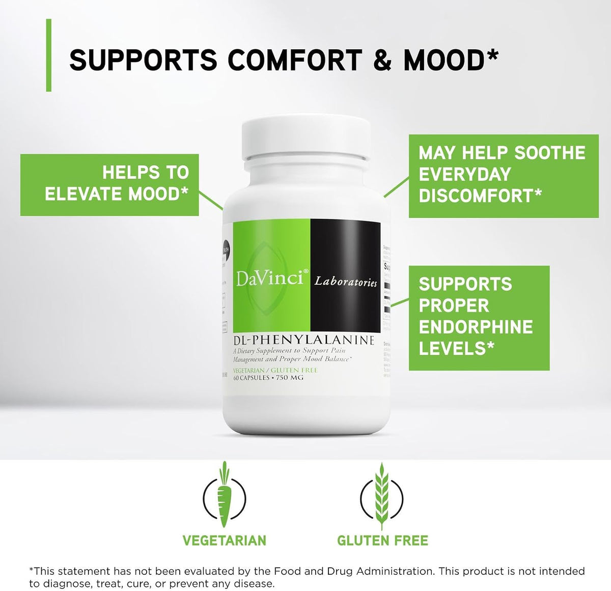 DAVINCI Labs DL-Phenylalanine - Amino Acid Food Supplement to Support Normal Mood and Mental Performance - with 750 mg DL-Phenylalanine per Serving - Gluten-Free - 60 Vegetarian Capsules - görsel 3