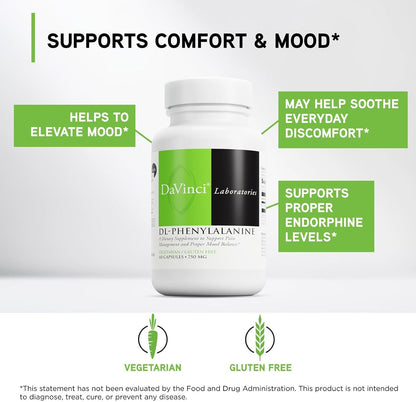 DAVINCI Labs DL-Phenylalanine - Amino Acid Food Supplement to Support Normal Mood and Mental Performance - with 750 mg DL-Phenylalanine per Serving - Gluten-Free - 60 Vegetarian Capsules