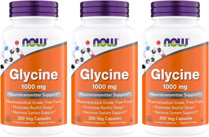 Now Foods Glycine 1000mg, Free-Form Pharmaceutical Grade, 200 Vegetarian Capsules