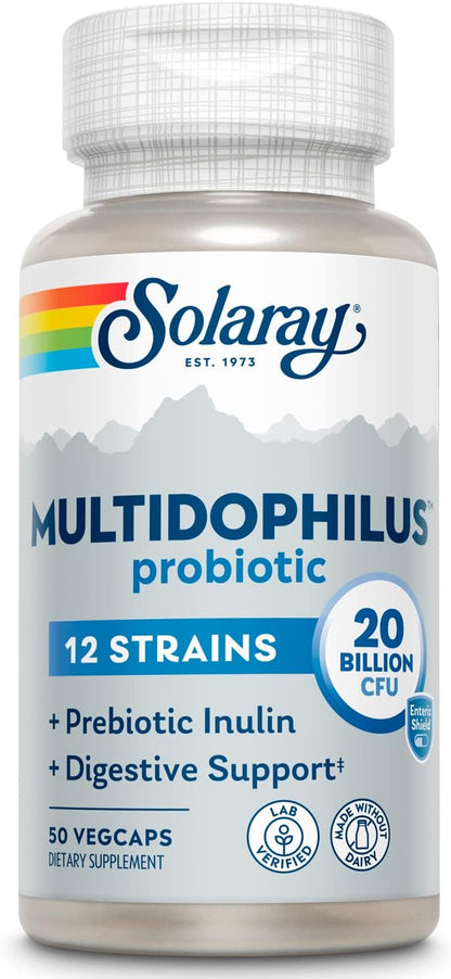 SOLARAY Multidophilus 12 Strain Probiotic 20 Billion CFU - Digestive Health & Gut Support with Prebiotic Inulin, Dairy-Free, 50 Enteric-Coated Veg Capsules