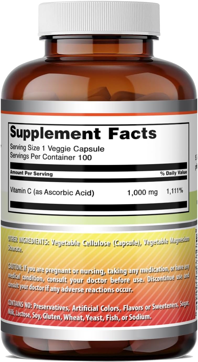 Amazing Formulae Vitamin C Supplement | 1000 mg | Veggie Capsules | Non-GMO | Gluten-Free | Made in USA (100 Count, 1 Pack) - görsel 5