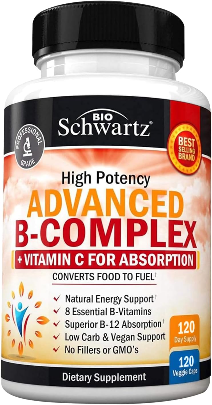 BioSchwartz Vitamin B Complex with Vitamin C – Methylcobalamin B12 & Folate Supplement, 120 Capsules - görsel 1