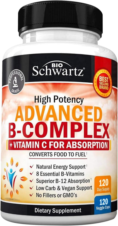 BioSchwartz Vitamin B Complex with Vitamin C – Methylcobalamin B12 & Folate Supplement, 120 Capsules