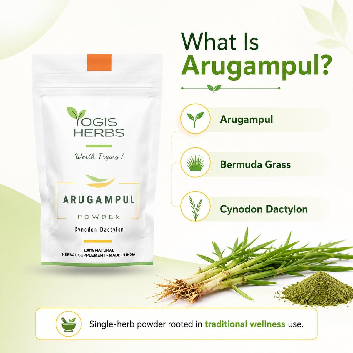 YOGIS HERBS Arugampul Powder – Traditional Tamil Herbal Supplement – Hand-Cleaned, Stone-Ground, Single-Ingredient - görsel 3