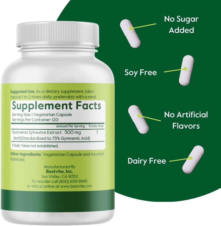 BESTVITE Gymnema Sylvestre 500mg (120 Vegetarian Capsules) - Standardised to 75% Gymnemic Acid - No Stearates - No Fillers - No Flow Agents - Vegan - Non GMO - Gluten-free - görsel 2