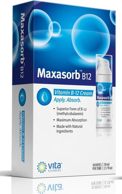Vita Sciences Maxasorb B12 Vitamin B-12 Cream 1000 mcg – Topical Methylcobalamin for Energy and Skin Health (Pack of 6)
