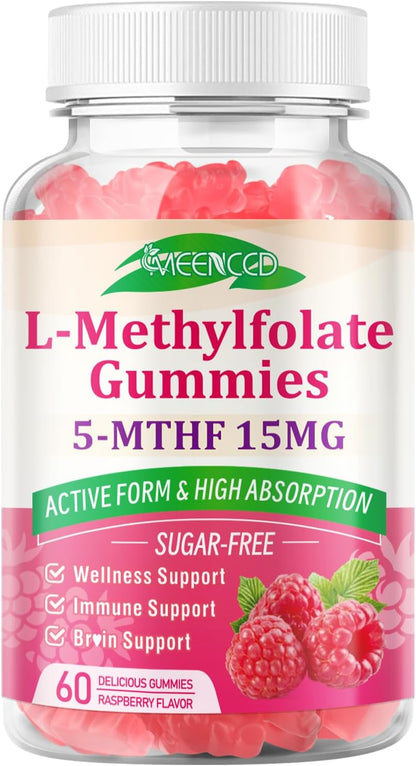 MEENCCD L-Methylfolate Gummies, Methylfolate Supplement, 5-MTHF Supplement - Active 5-MTHF - Supports Overall Wellness, Vegan, Raspberry Flavour, 60 Count