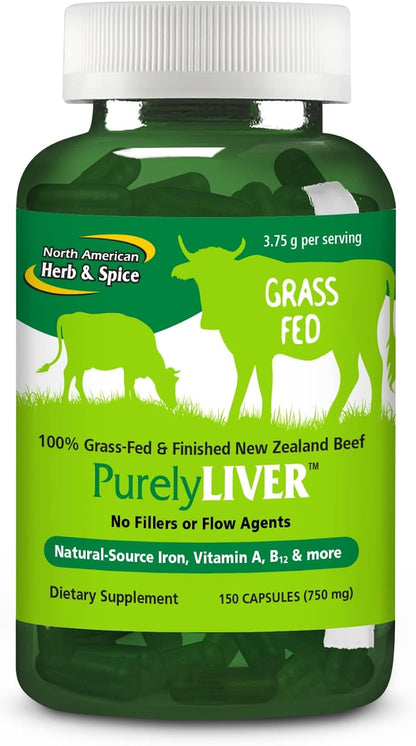 NORTH AMERICAN HERB & SPICE PurelyLiver - 150 Capsules - Grass-Fed Beef Liver with Vitamin A, B12 & Iron