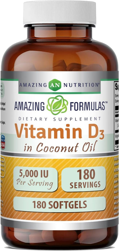 Amazing Formulae Vitamin D3 5000 IU in Coconut Oil, 360 Softgels