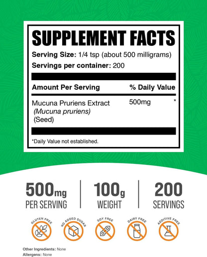 BulkSupplements.com Mucuna Pruriens Extract Powder - Herbal Supplement, Vegan and Gluten-free, 500mg per Serving, 100g (Pack of 1)