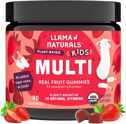 Llama Naturals Kids Multivitamin Gummies, Organic Vegan, Real Fruit, No Added Sugar, Strawberry, 90 Count
