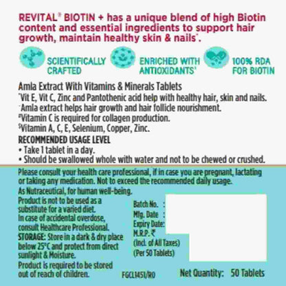 Revital Biotin+ with Amla and DHT Blockers for Hair Health | Biotin, Amla, Zinc, Vitamin E & Pantothenic Acid | Supports Normal Hair and Skin Health | 50 Tablets