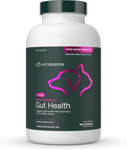 VetriScience Extra Strength Gut Health Probiotic & Prebiotic for Dogs & Cats, 180 Capsules