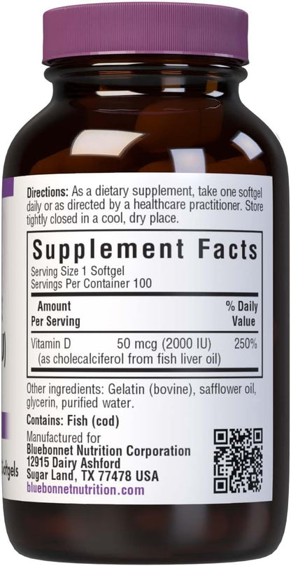 BlueBonnet Vitamin D3 2000 IU – 100 Softgels (Cholecalciferol from Deep Sea Fish Oil)