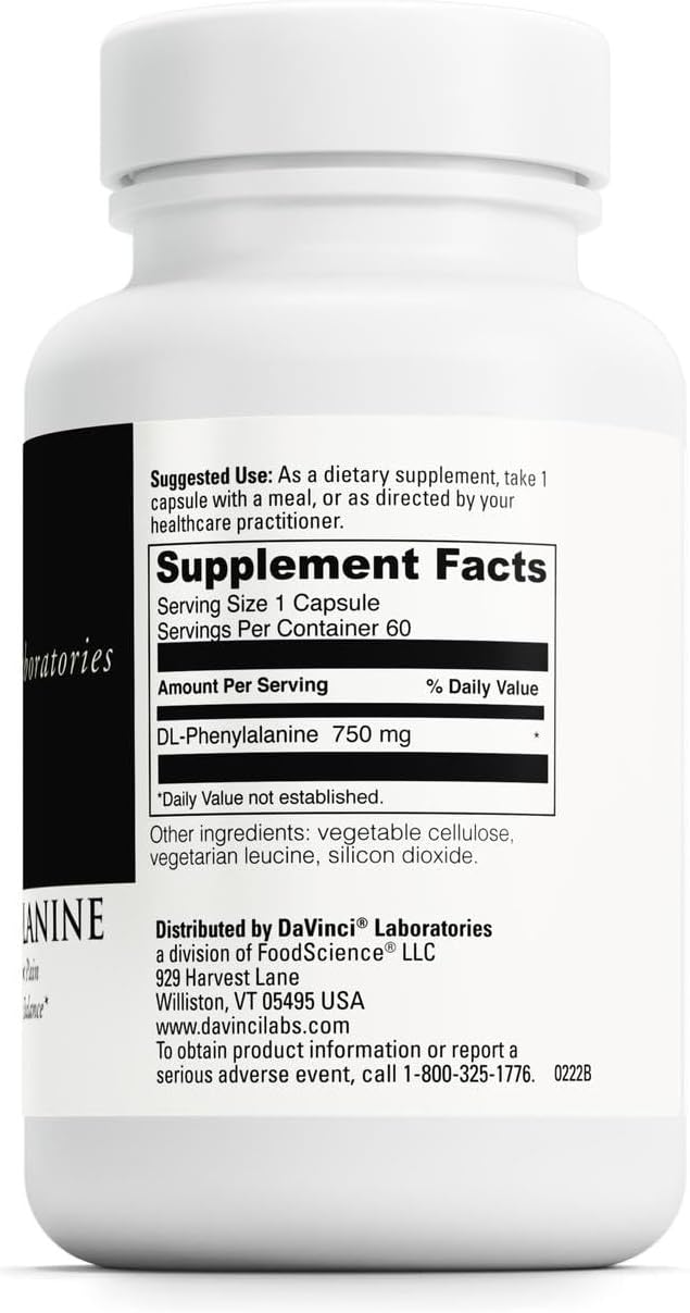 DAVINCI Labs DL-Phenylalanine - Amino Acid Food Supplement to Support Normal Mood and Mental Performance - with 750 mg DL-Phenylalanine per Serving - Gluten-Free - 60 Vegetarian Capsules - görsel 2
