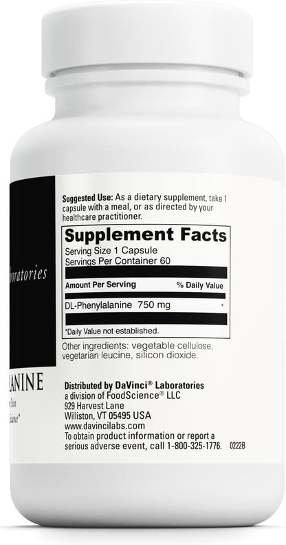 DAVINCI Labs DL-Phenylalanine - Amino Acid Food Supplement to Support Normal Mood and Mental Performance - with 750 mg DL-Phenylalanine per Serving - Gluten-Free - 60 Vegetarian Capsules