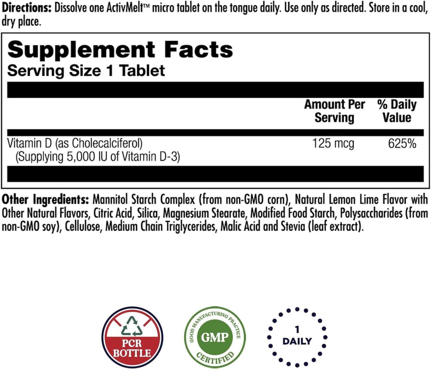 KAL Vitamin D3 5000 IU ActivMelt, Instant Dissolve Micro Tablets, Natural Lemon and Lime Flavour, 90 Count - görsel 2