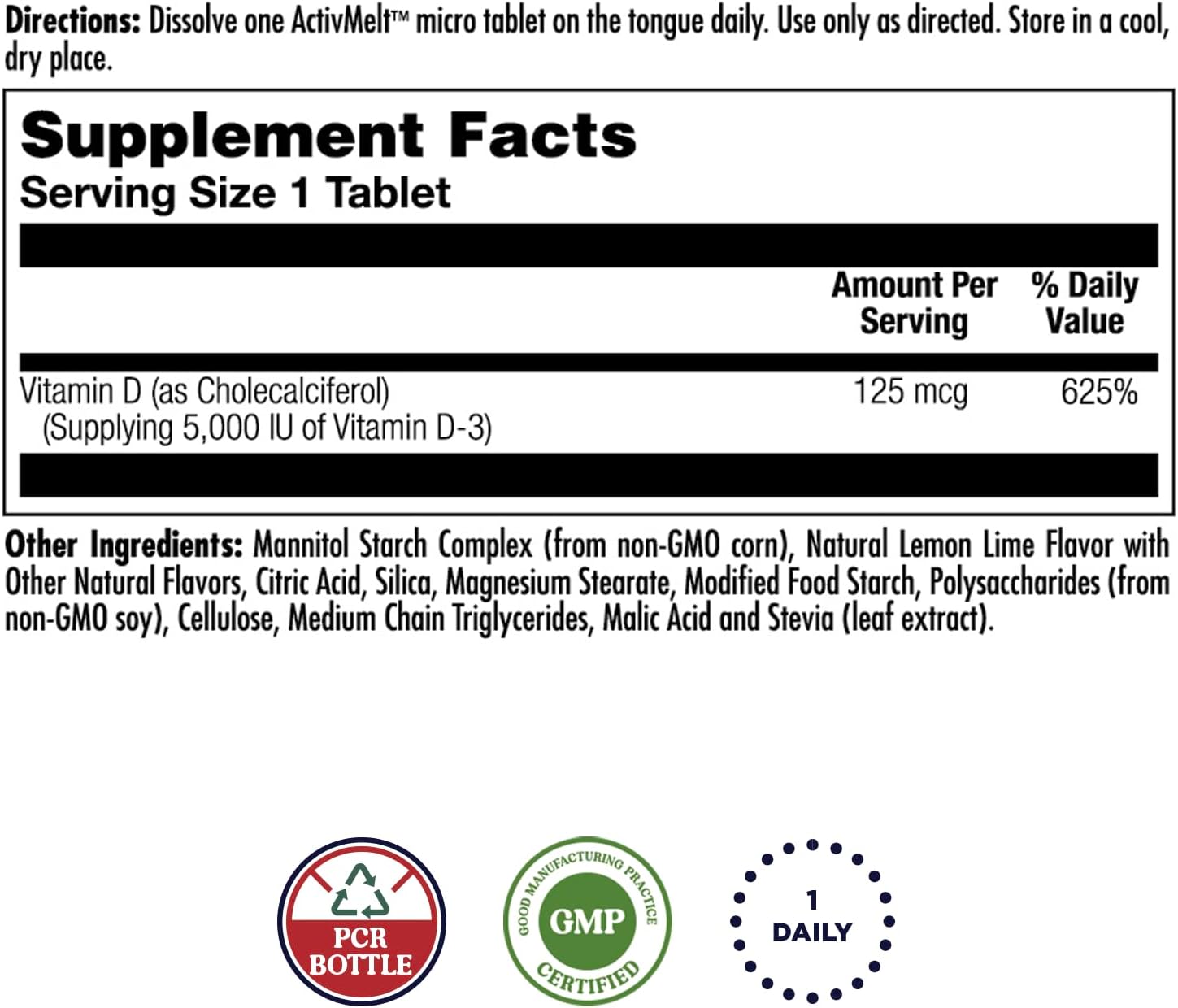 KAL Vitamin D3 5000 IU ActivMelt, Instant Dissolve Micro Tablets, Natural Lemon and Lime Flavour, 90 Count - görsel 2
