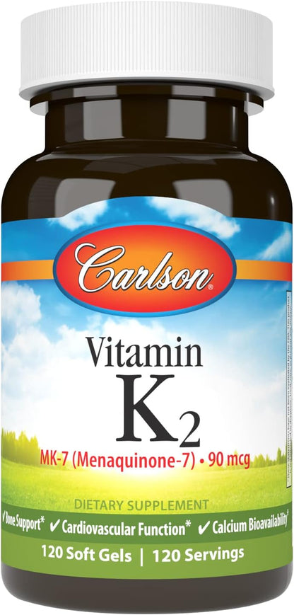 Carlson Vitamin K2 MK-7, 90 mcg, 120 Softgels – Bone Health & Calcium Utilisation