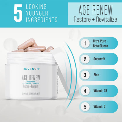 Juvenon AgeRenew Beta Glucan - Anti-Ageing & Immune Support with Zinc, Quercetin, Vitamins C & D