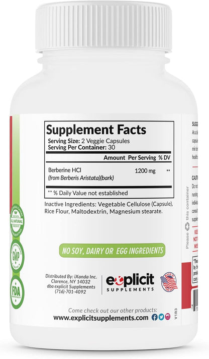 Natural Berberine HCl - 1200mg Maximum Strength – 60 Capsules – 1 Month Supply