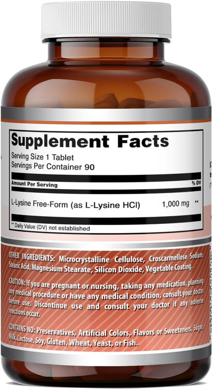 Amazing Formulae L-Lysine 1000mg Amino Acid Tablets Supplement - Non-GMO, Gluten-free, Made in USA (90 Tablets)