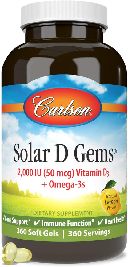Carlson Solar D Gems, Vitamin D3 and Omega-3 Supplement, 2000 IU, Lemon Flavour, 360 Softgels