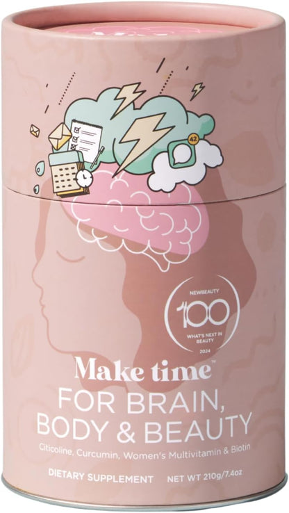 MAKE TIME Brain Health Powder Supplement for Women – Mood, Focus & Energy Boost with Cognizin, Biotin, B6, B12, MCTs, Acetyl-L-carnitine & Curcumin (210g, 30 Servings)