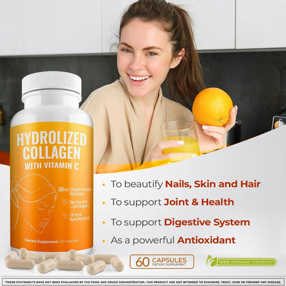 Aura Vitamin Hydrolysed Collagen with Vitamin C and Hyaluronic Acid Capsules, 500 mg, 120 Capsules (2 Bottles)