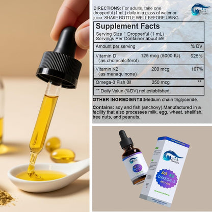 Wave Drops Vitamin D3 & K2 with MCT Oil & Omega 3 - Liquid Drops, Non-GMO, 60 ml