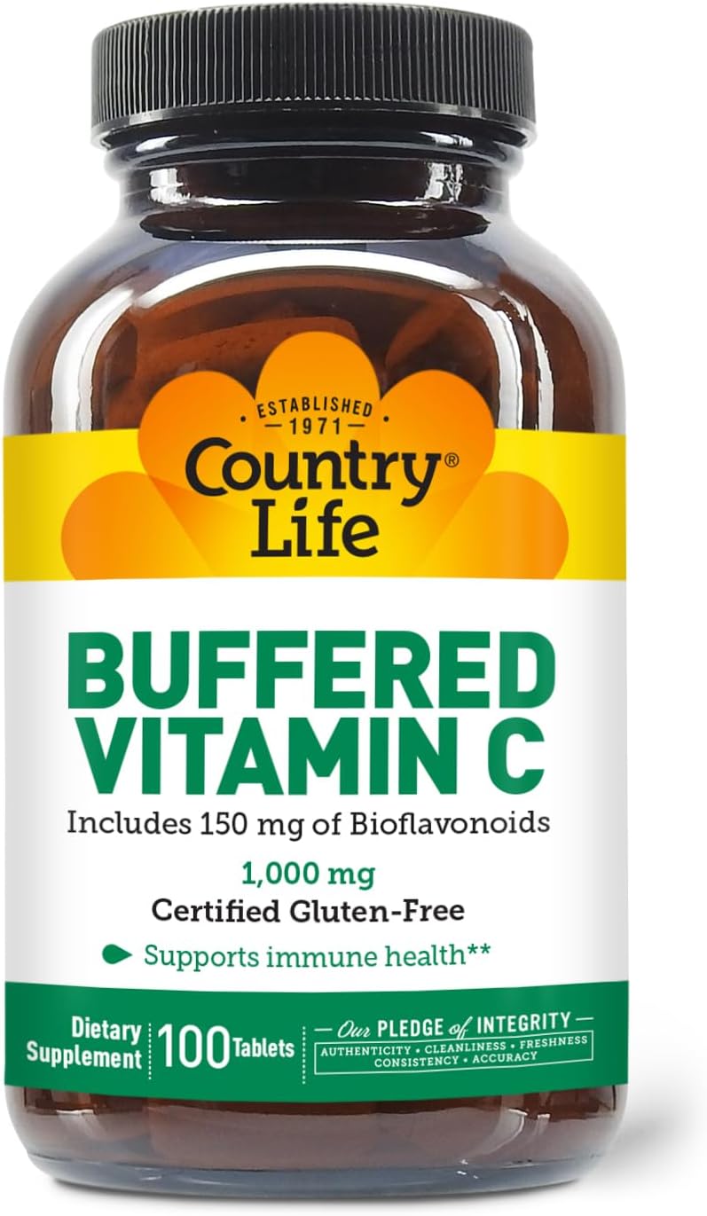 Country Life Buffered Vitamin C 1000mg with Bioflavonoids, Calcium, Magnesium, Potassium - Vegan, Gluten-Free - 100 Tablets - görsel 1