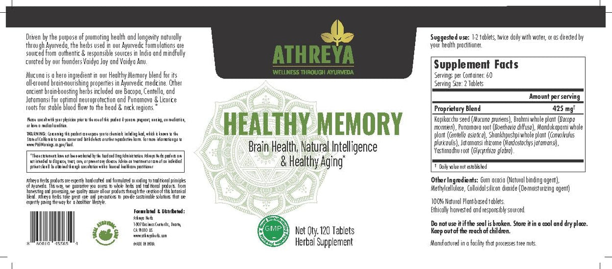 Athreya Herbs Healthy Memory Tablets | 120 Tablets | Ayurvedic Herbal Food Supplement for Brain & Memory - görsel 2