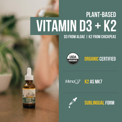 Organic Plant D3 + K2 (5000 IU D3 & 120 mcg K2) – All-Trans MK7 MenaQ7 – Sublingual Drops – Vegan & Organic