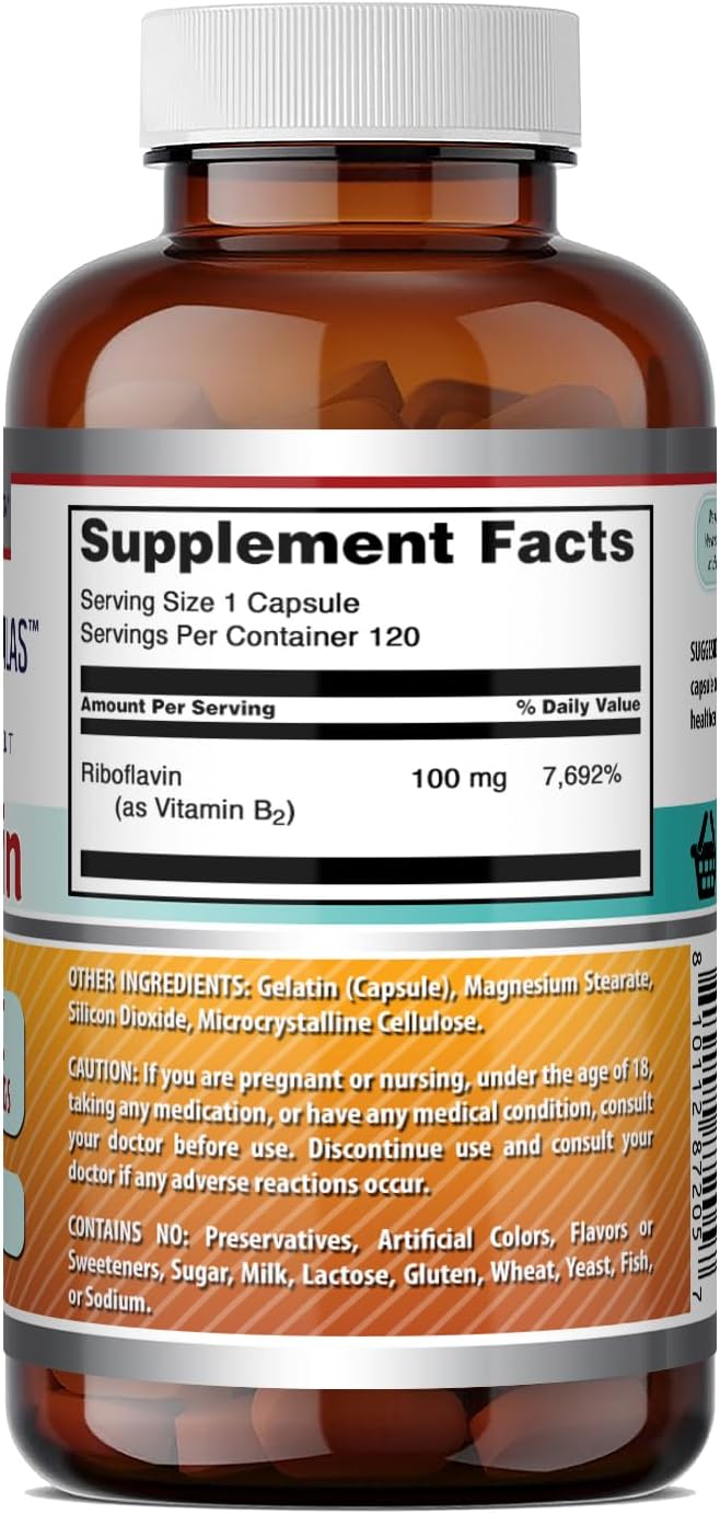 Amazing Formulae Riboflavin (Vitamin B2) Food Supplement - 100 mg, 120 Capsules - Non-GMO, Gluten-free - görsel 5