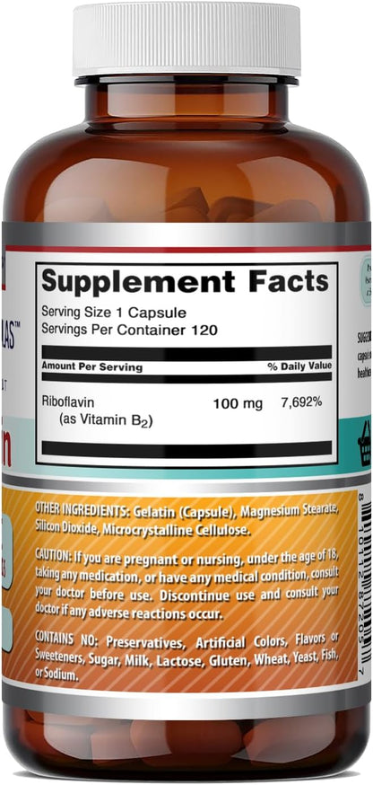 Amazing Formulae Riboflavin (Vitamin B2) Food Supplement - 100 mg, 120 Capsules - Non-GMO, Gluten-free