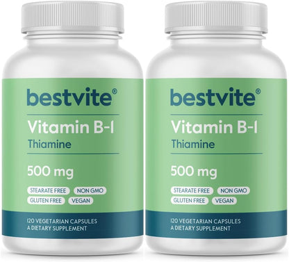 BESTVITE Vitamin B-1 (Thiamin) 500mg - 240 Vegetarian Capsules (2 x 120)