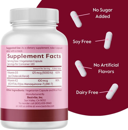 BESTVITE Vegan Vitamin D3 5000 IU + Vitamin K2 100 mcg as MK-7 (120 Vegetarian Capsules) - No Stearates - Vegan - Non GMO - Gluten-free