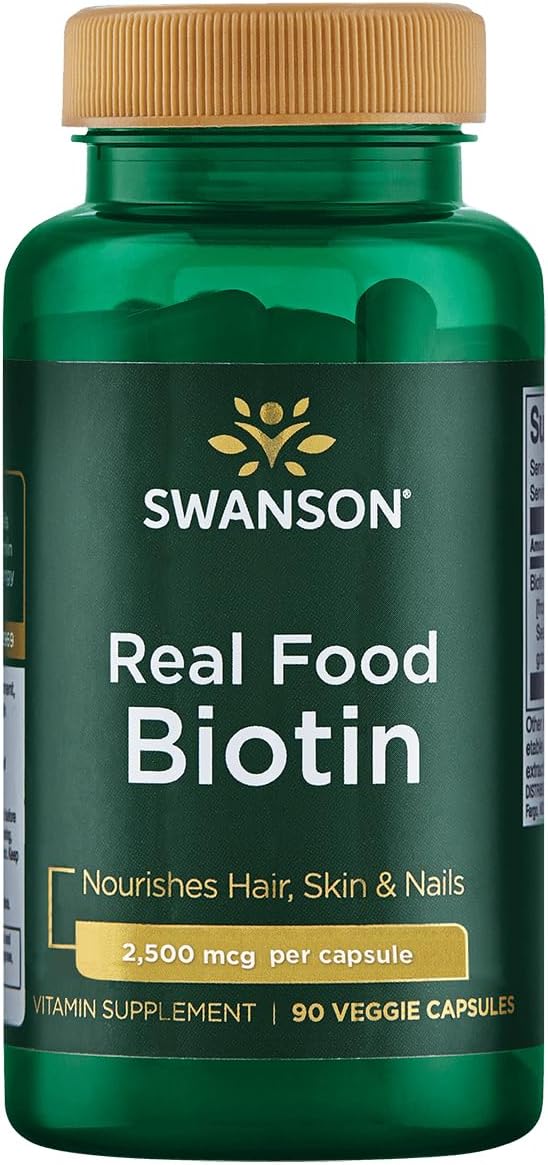 Swanson Real Food Biotin - Vitamin B7 for Hair, Skin & Nails - 5000 mcg - 90 Veggie Capsules - görsel 1
