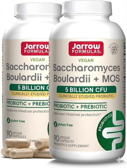 Jarrow Formulae Saccharomyces Boulardii + MOS - 5 Billion Viable Organisms per Serving - 90 Delayed Release Vegetarian Capsules, Pack of 2 - Probiotic + Prebiotic - Intestinal Tract Support - Up to 180 Servings