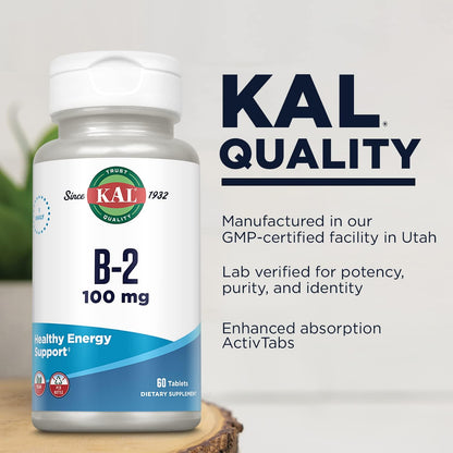 KAL Vitamin B2 100mg - Riboflavin Supplement for Energy Metabolism