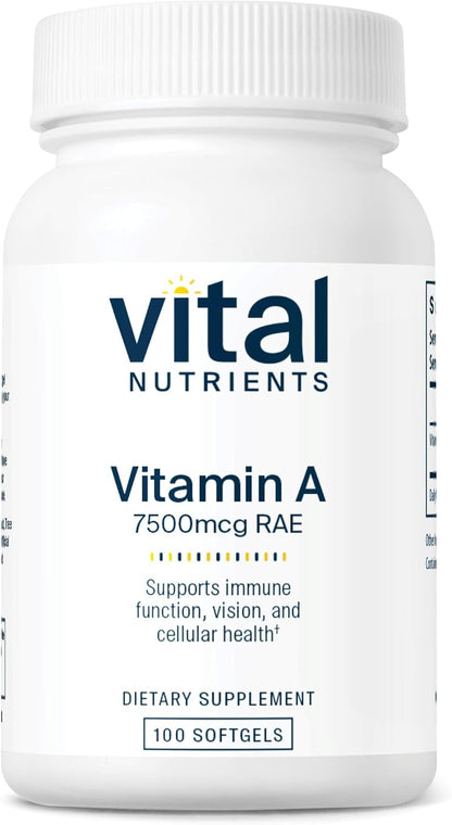 Vital Nutrients Vitamin A 7500mcg RAE – Food Supplement for Normal Vision, Immune Function, Skin Maintenance and Cell Division – 100 Capsules
