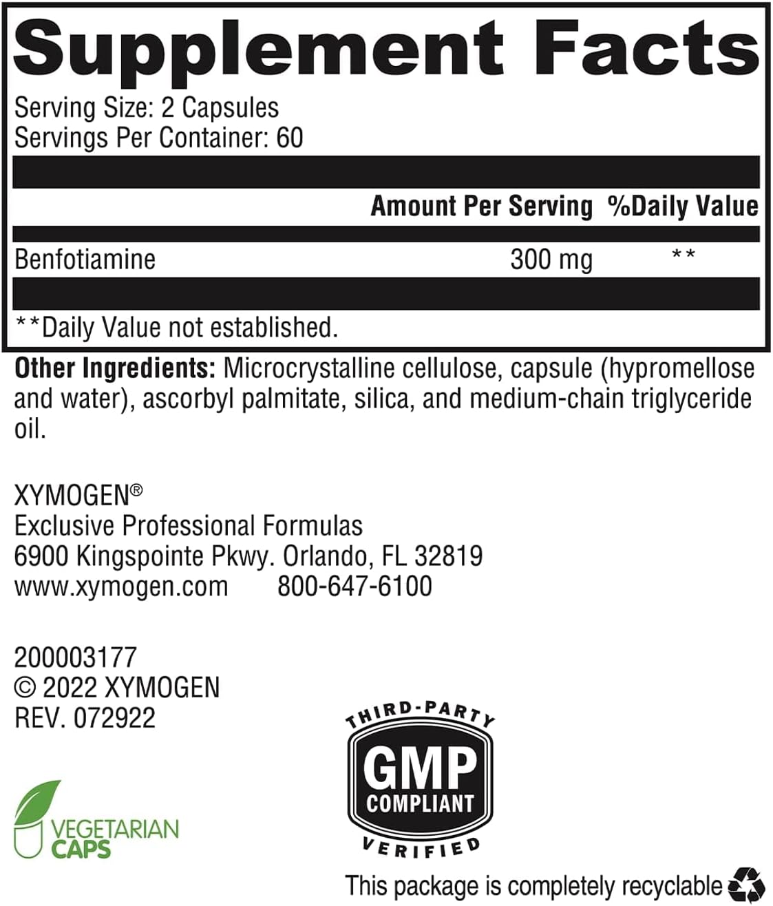 XYMOGEN Benfotiamine 300 mg – Bio-available Thiamine B1 Derivative for Metabolic and Nervous System Support - görsel 3
