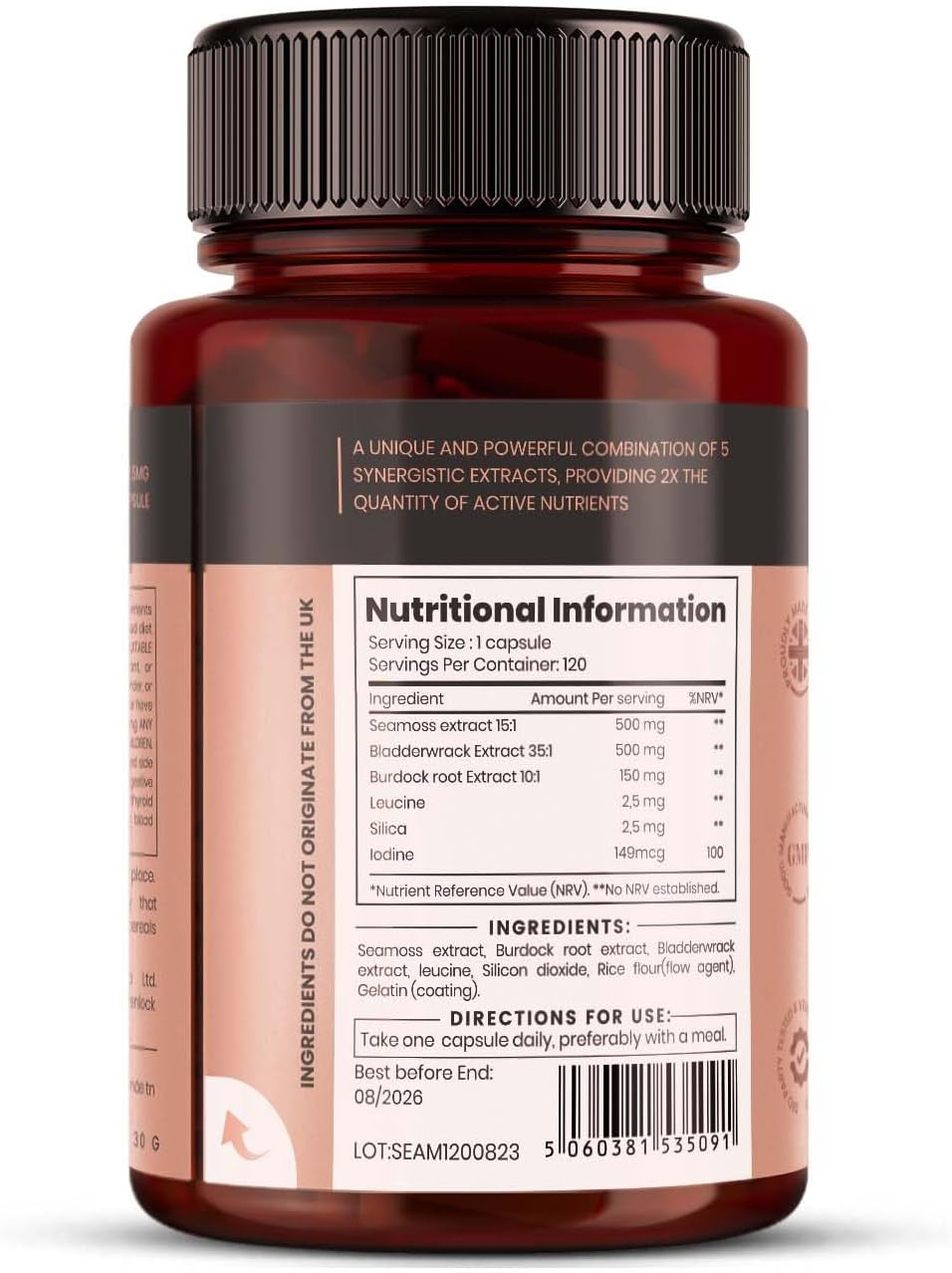 pureclinica Double Strength Seamoss Complex – 1155mg x 120 Capsules (4 Months Supply) – with Sea Moss, Bladderwrack & Burdock Root - görsel 2