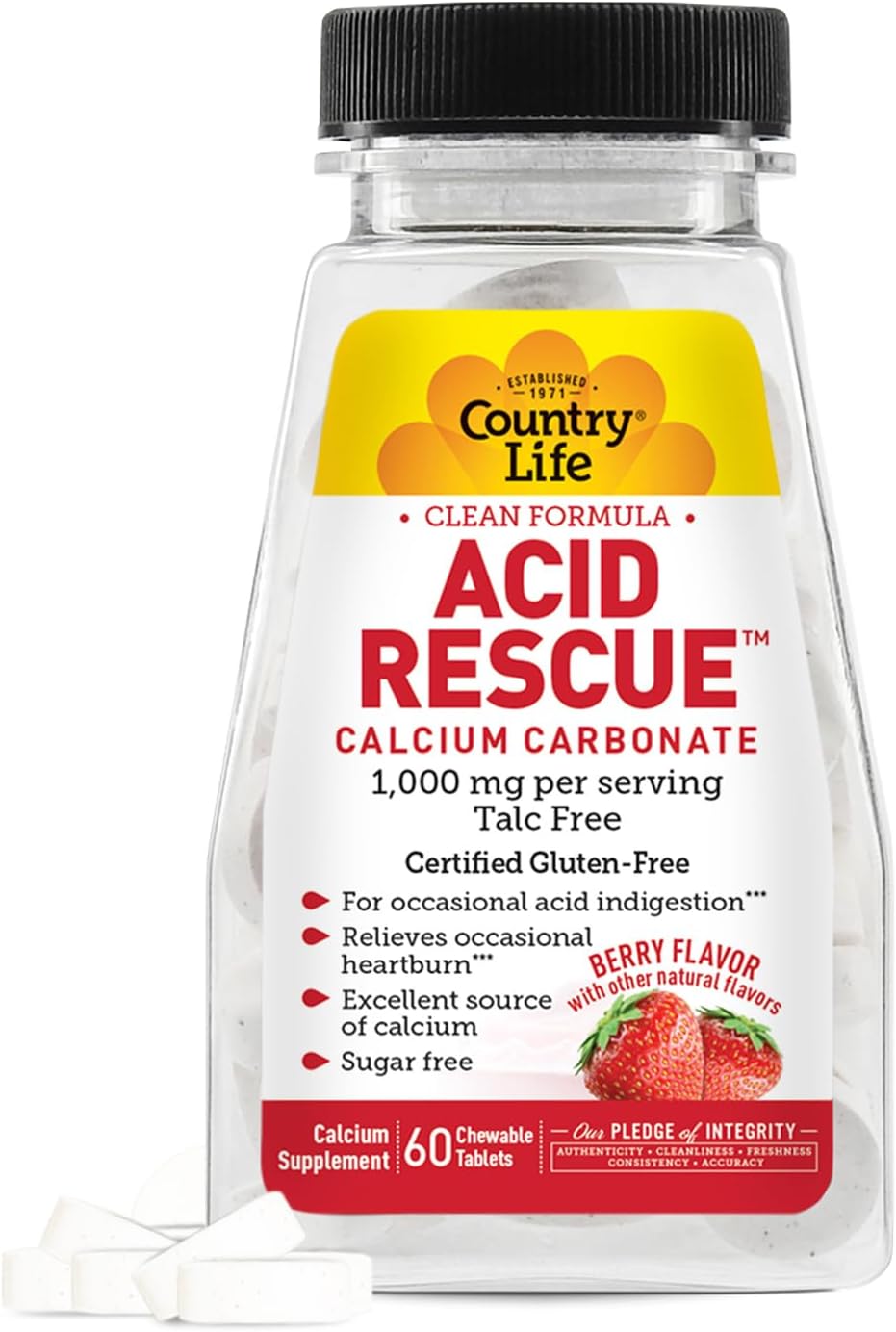 Country Life Acid Rescue On-the-Go Chewable Tablets - Vegan & Gluten-free Heartburn Relief, 400mg Calcium & Magnesium, Non-GMO, Sugar-Free Berry Flavour, 8 Pack - görsel 8