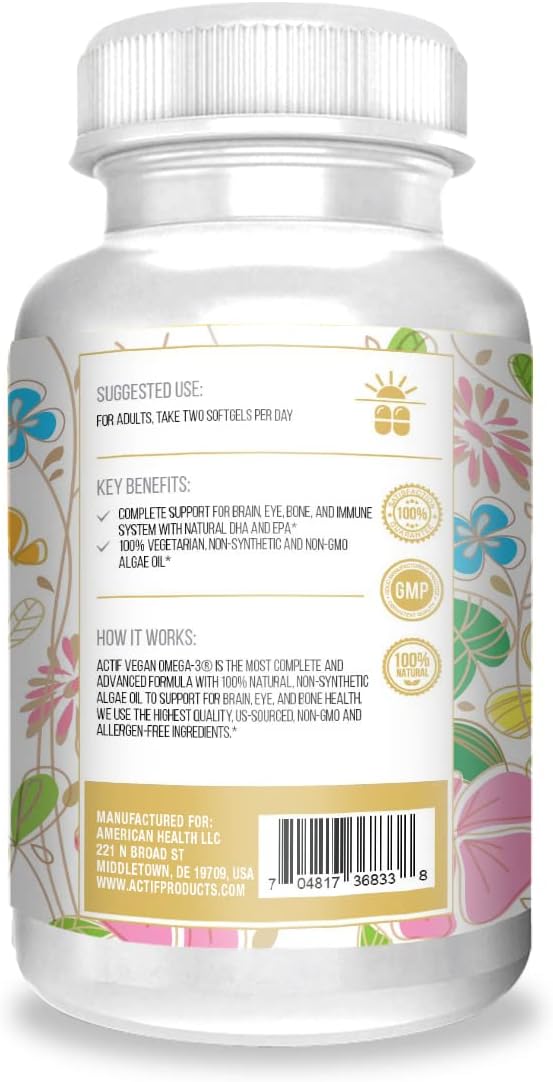Actif Vegan Omega-3, High Strength Algae Oil Formula with DHA & EPA, Non-GMO, 90 Count - görsel 3