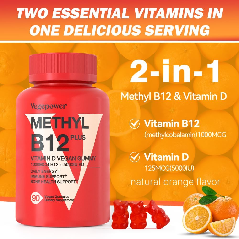 Vegan Vitamin D3 & B12 Gummies, Methyl B12 Supplement for Adults & Children, Enhanced with Vitamin D3 for Natural Energy, Immune Support, Metabolism, and Focus, Orange Flavour, 90 Gummies - görsel 6
