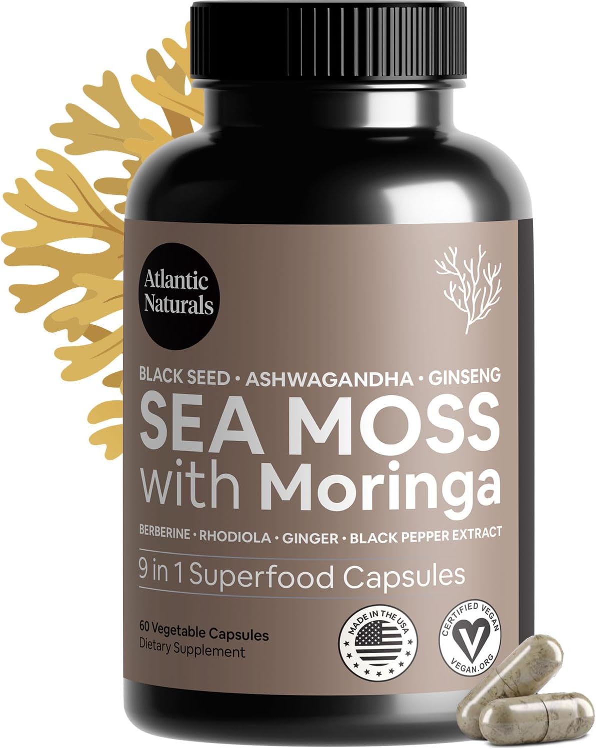 Atlantic Naturals Sea Moss Capsules – Irish Sea Moss with Black Seed Oil, Ashwagandha, Moringa, Ginseng and Ginger – 60 Capsules - görsel 1