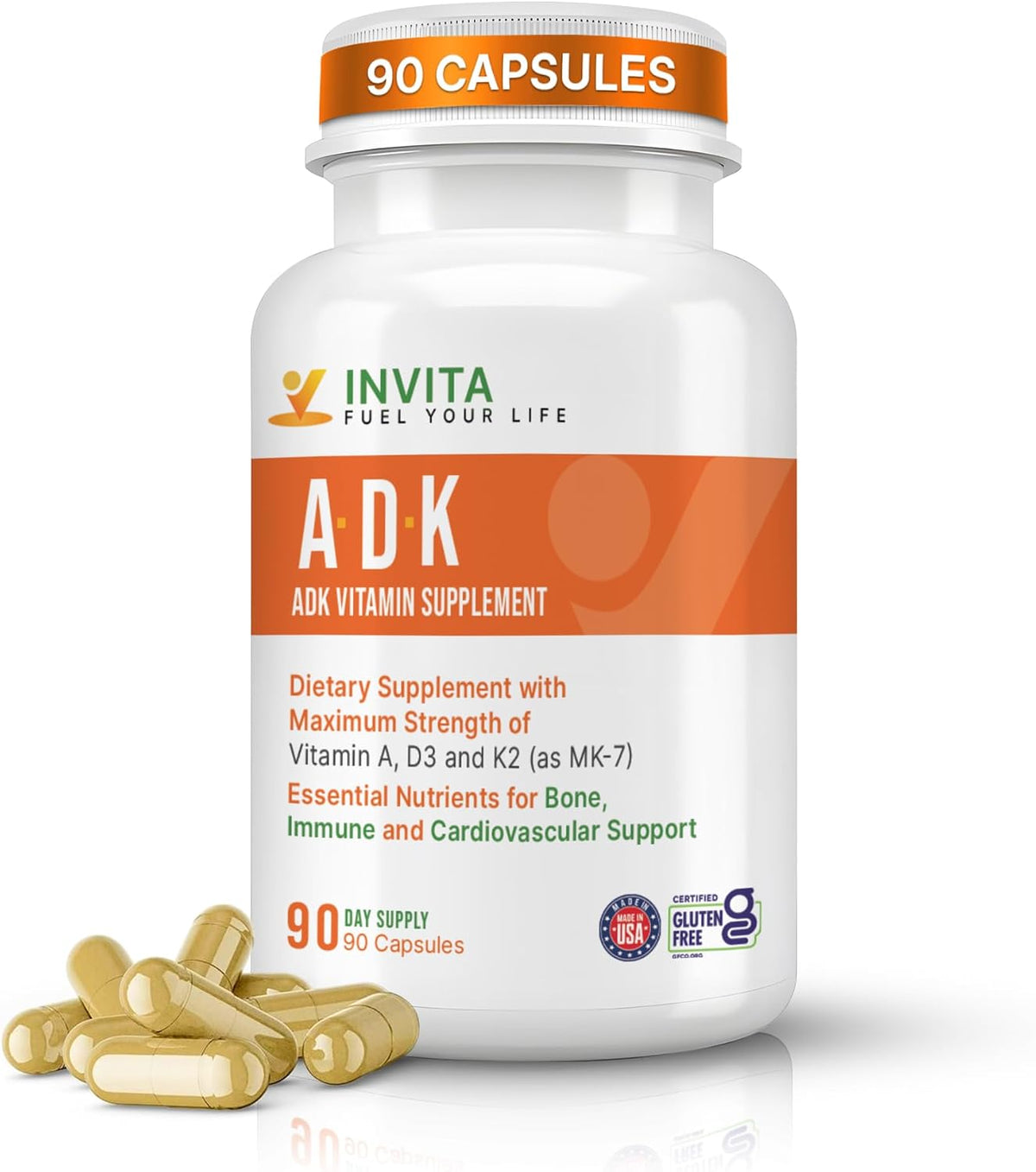 INVITA ADK Vitamin Supplement – 90 Capsules – Vitamin A, D3 5000 IU & K2-MK7 - görsel 1