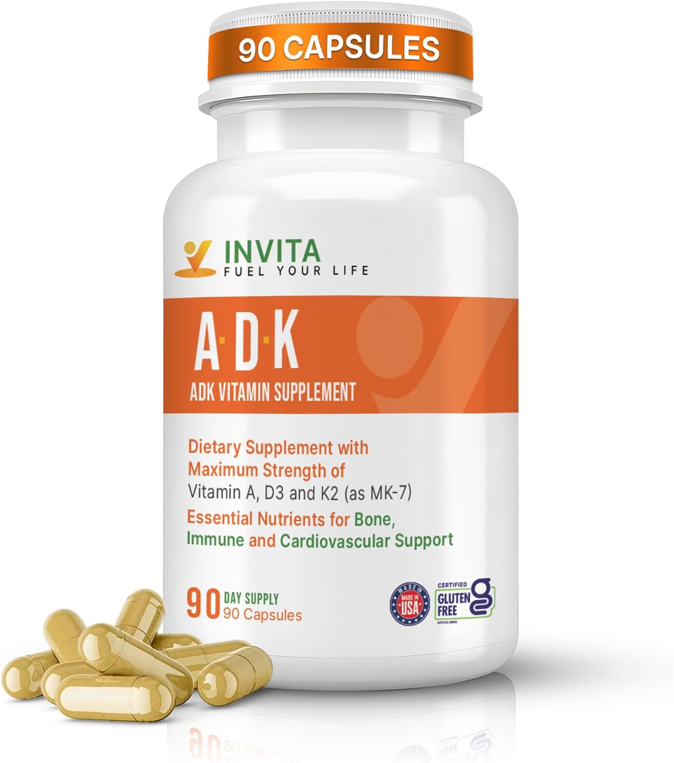 INVITA ADK Vitamin Supplement – 90 Capsules – Vitamin A, D3 5000 IU & K2-MK7 - görsel 1